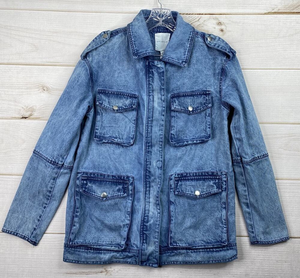 Avec Les Filles Jacket Womens S Denim Military Full Zip Cargo Pockets Acid Wash